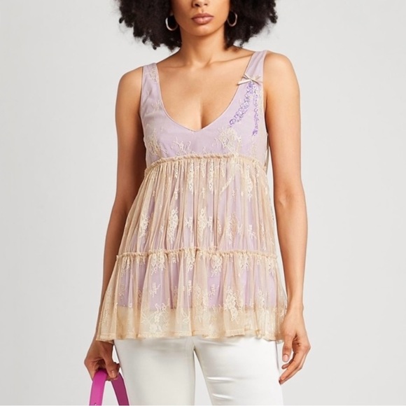 Twinset Sleeveless Top Floral Pleated Lace Overlay Lilac - Picture 1 of 16